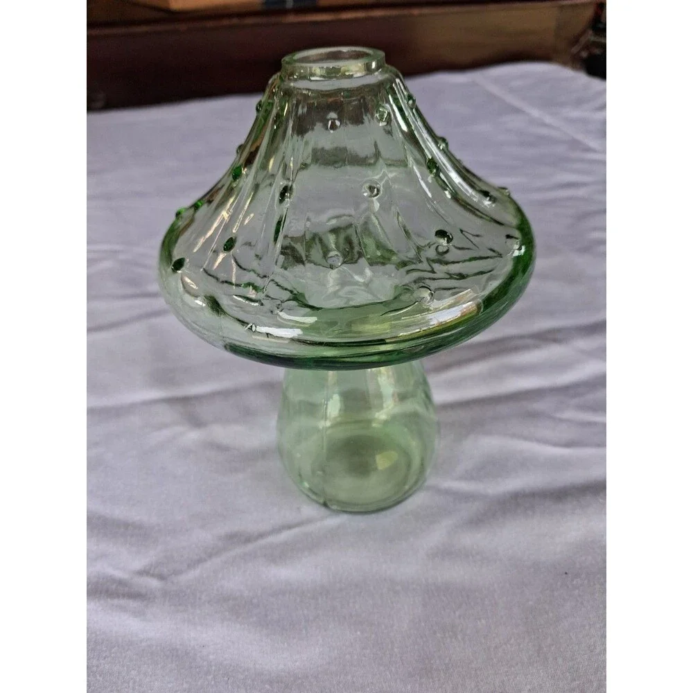 Green Tinted Glass Mushroom Bud Vase 6.5 Inches High